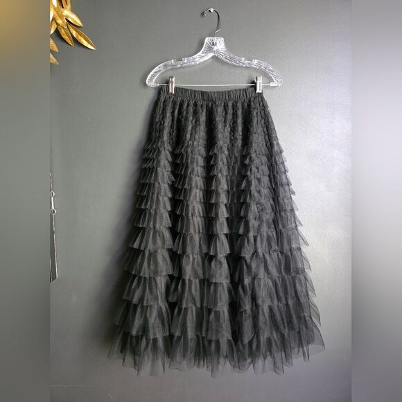 Women's Black Tulle Skirt Elastic Layered Skirt Mesh A-Line Midi Tiered OS - Picture 1 of 6